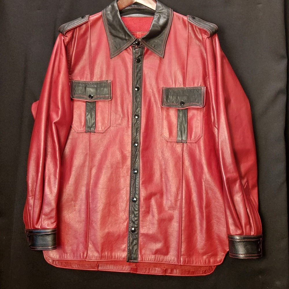 Bespoke Red Black Leather Shirt Snap Front Epaulets 2 Tone Custom Shirt Shacket